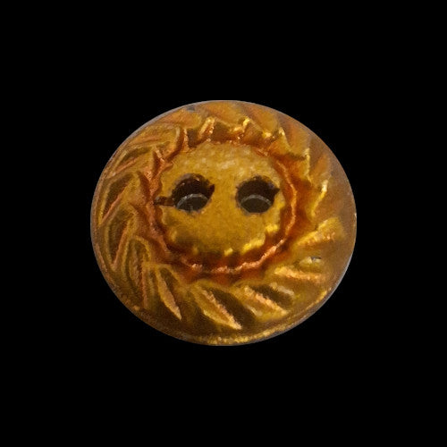 Back view of mirrored glass button showing gold metalized coating and raised faceted swirl pattern with two holes, 14mm