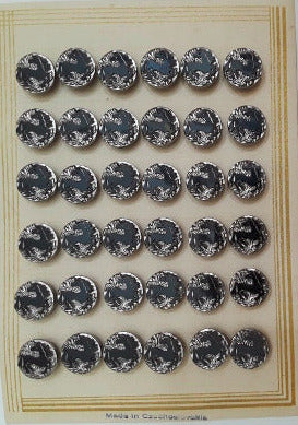 Button card of 36 black glass buttons with a rearing horse silhouette, framed by a raised clear molded border and decorative scrollwork, 14mm/22L.