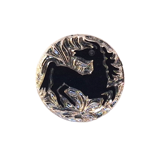 Black glass button with a rearing horse silhouette, framed by a raised clear molded border and decorative scrollwork, 14mm/22L.