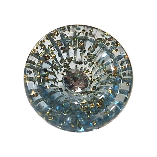Blue tinsel plastic cup-shaped shank button with clear glass rhinestone center, 18mm.