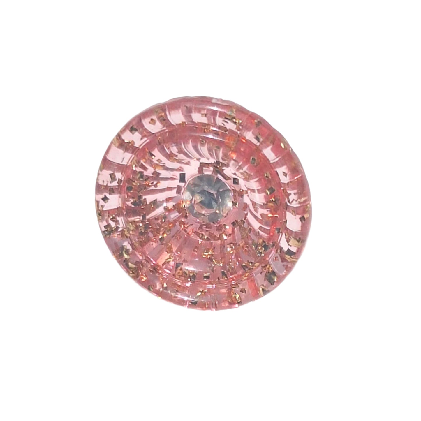 Pink tinsel plastic cup-shaped shank button with clear glass rhinestone center, 18mm.
