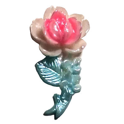Hand-Painted plastic flat back, left-facing long stemmed rose, 12×25mm, vintage Japanese 1950s.
