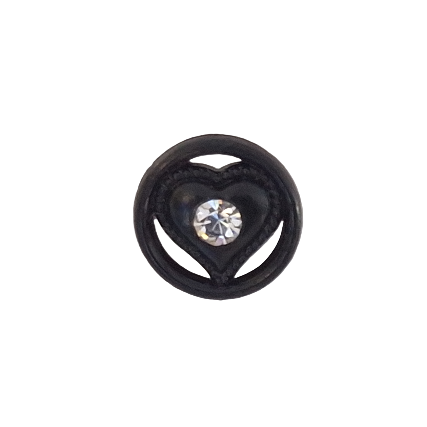 Black heart-in-circle plastic button with raised heart motif, open circular rim, and clear rhinestone center, shown against a white background.