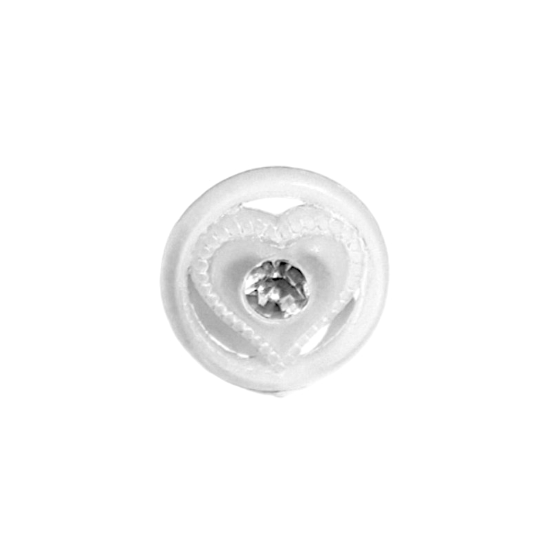 Crystal matte heart-in-circle plastic button with raised heart motif, open circular rim, and clear rhinestone center, shown against a white background.