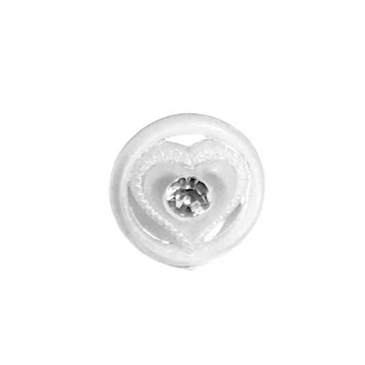 Crystal matte heart-in-circle plastic button with raised heart motif, open circular rim, and clear rhinestone center, shown against a white background.