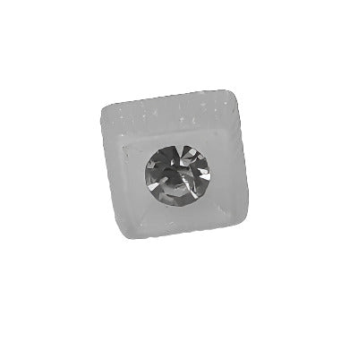 Crystal matte plastic square button with frosted molded edges and a central glass rhinestone, shown front view.