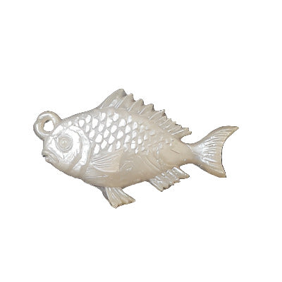 Pearlized white plastic fish charm with loop, 14×22 mm, raised scale detail.