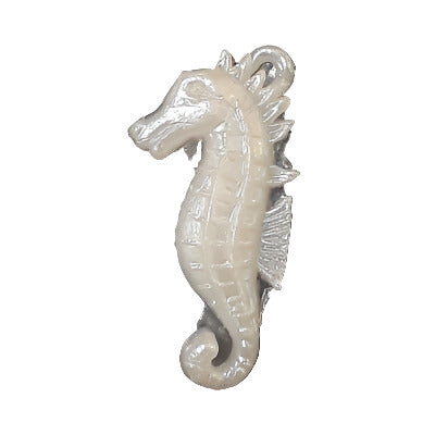 Pearlized white plastic seahorse charm with loop, 11×22 mm, molded contours.
