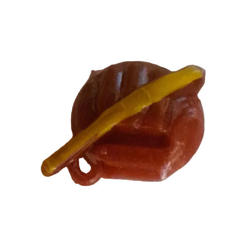Hand-painted plastic flat back of a yellow bat in a brown glove.