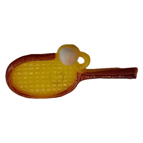 Hand-painted plastic flat back charm of a  reddish-brown and yellow tennis racket with a white ball.