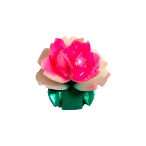 Plastic flat back of a pink rose with green stem on a white background, 15mm