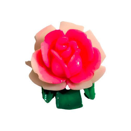 Plastic flat back of a pink rose with green stem on a white background, 18mm