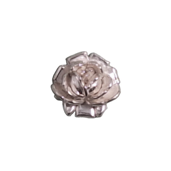 Silver metalized plastic flat back with rose design, 11mm, vintage Japanese 1950s.