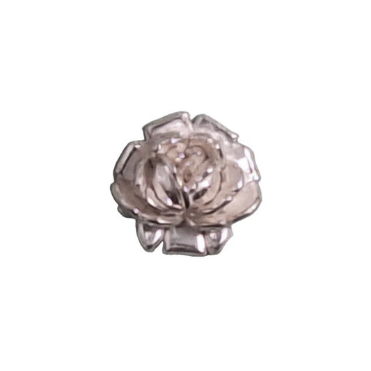 Silver metalized plastic flat back with rose design, 11mm, vintage Japanese 1950s.