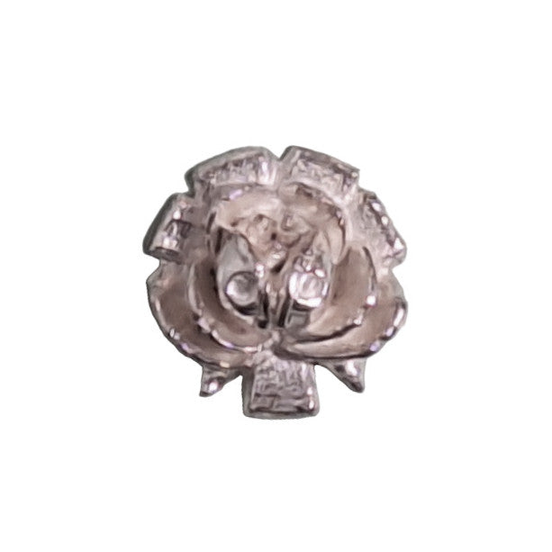 Silver metalized plastic flat back with rose design, 14mm, vintage Japanese 1950s.