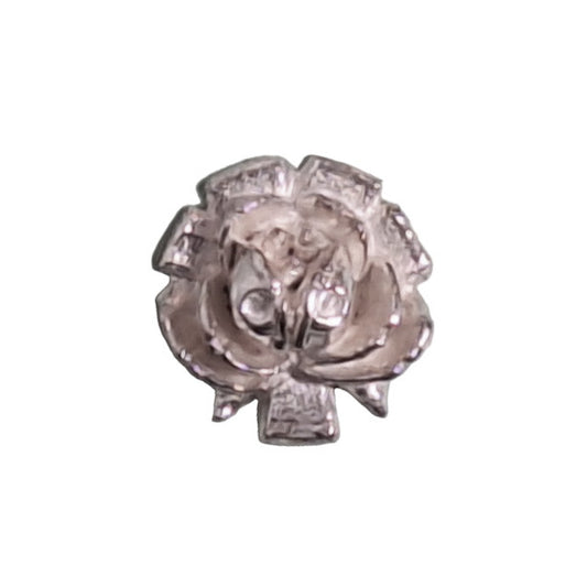 Silver metalized plastic flat back with rose design, 14mm, vintage Japanese 1950s.