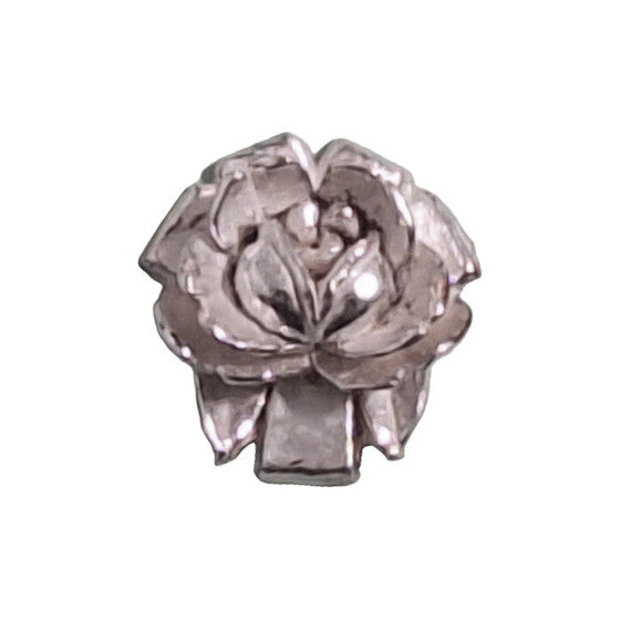 Silver metalized plastic flat back with rose design, 15mm, vintage Japanese 1950s.