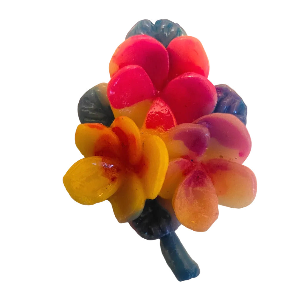 Hand-painted plastic flat back, right-facing three-flower design, 13×21mm, vintage Japanese 1950s.