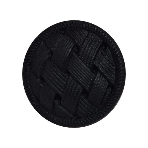 Matte black glass button with raised woven basketweave pattern and fine ribbed texture