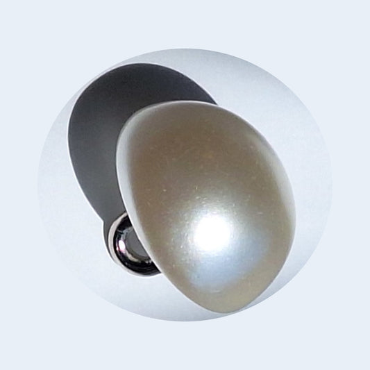 Pearlized half ball button with screw shank, angled to show smooth reflective surface, 14mm.