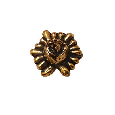 Antique gold metalized plastic flat back, tiny flower design, 8×9mm, vintage Japanese 1950s.