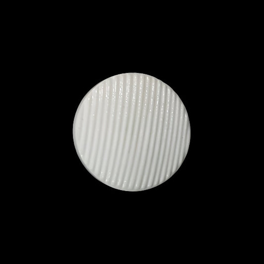 Small white ribbed glass shank button shown from the front with fine diagonal ribbing.