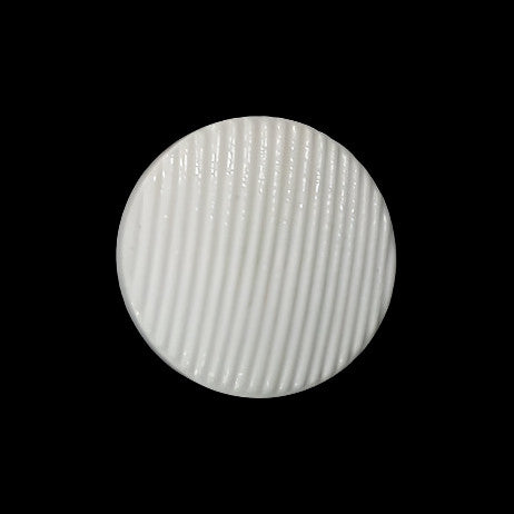 White ribbed glass shank button shown from the front with fine diagonal ribs across the surface.