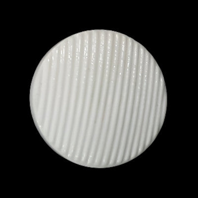 White ribbed glass shank button shown head-on with uniform diagonal ribbing.