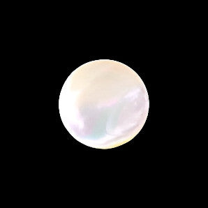 Front view of a troca shell button with a tunnel shank, showing its smooth iridescent surface centered on a black background, 11.4mm.