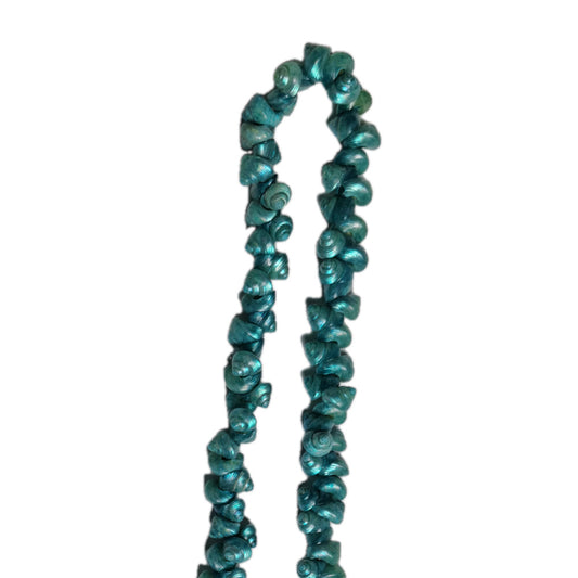 Aqua strung seashells with hand-punched holes and natural 1/4-inch shells shown on strand segment.