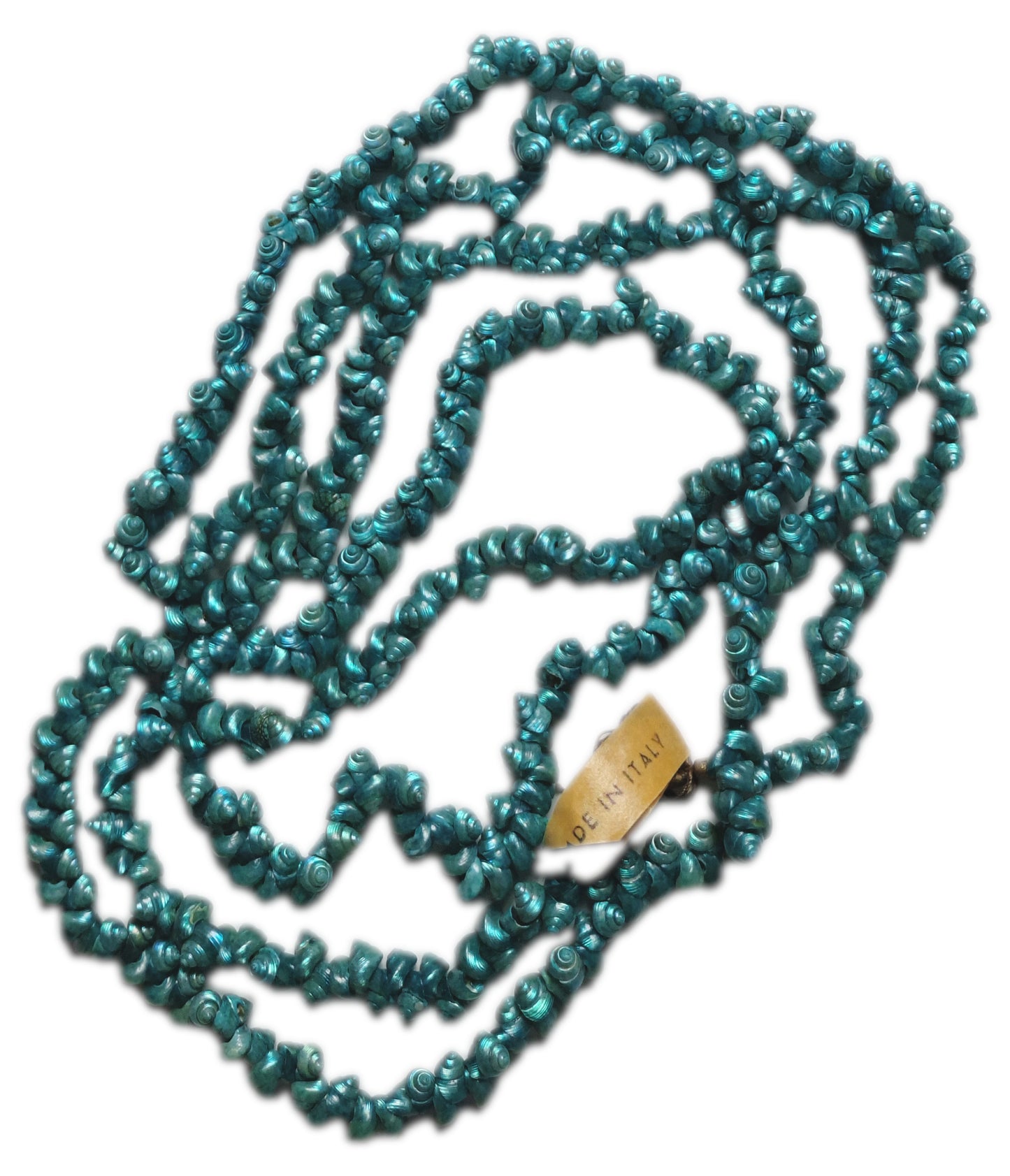 Aqua strung seashells with hand-punched holes and natural 1/4-inch shells shown on complete strand.