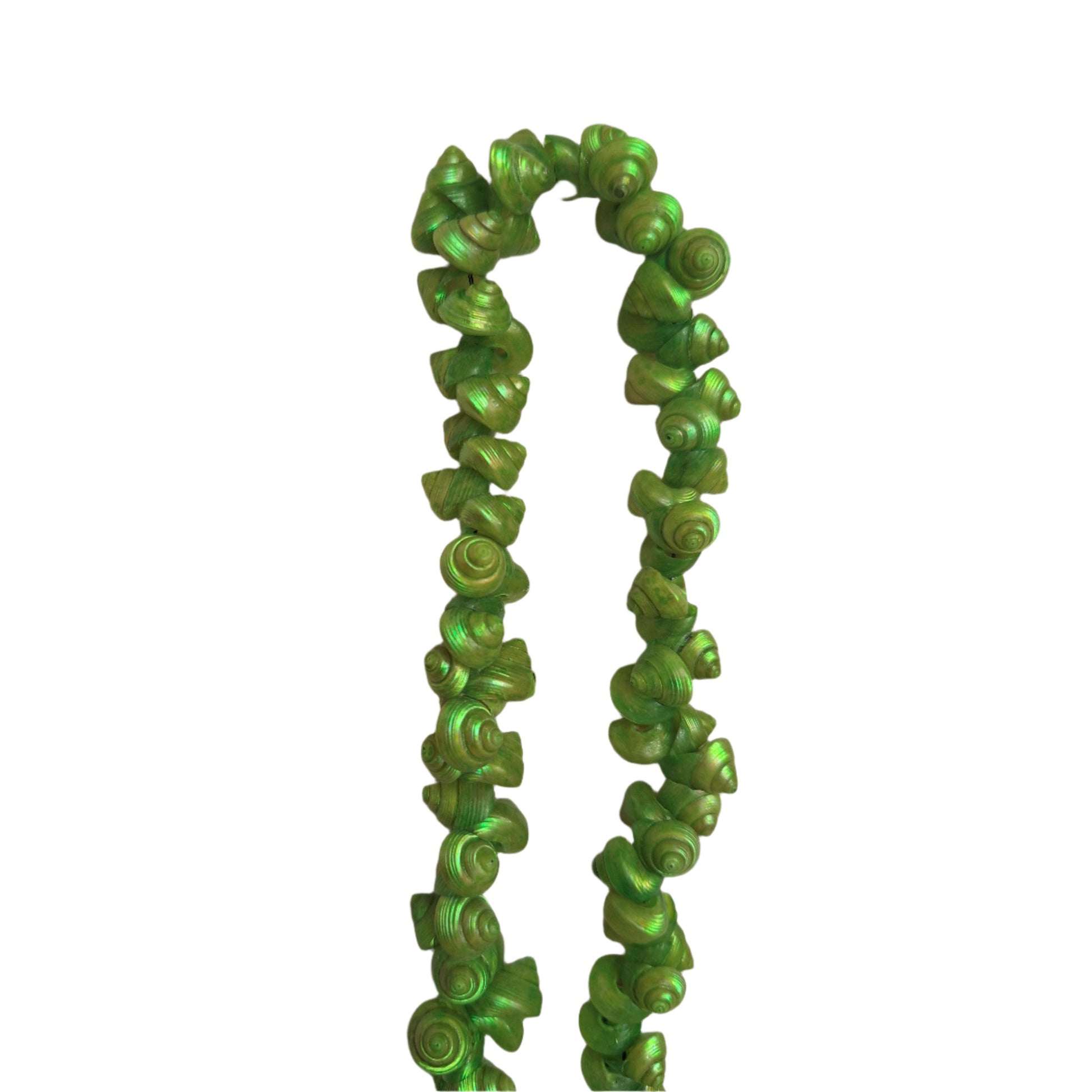 Chartreuse strung seashells with hand-punched holes and natural 1/4-inch shells shown on strand segment.