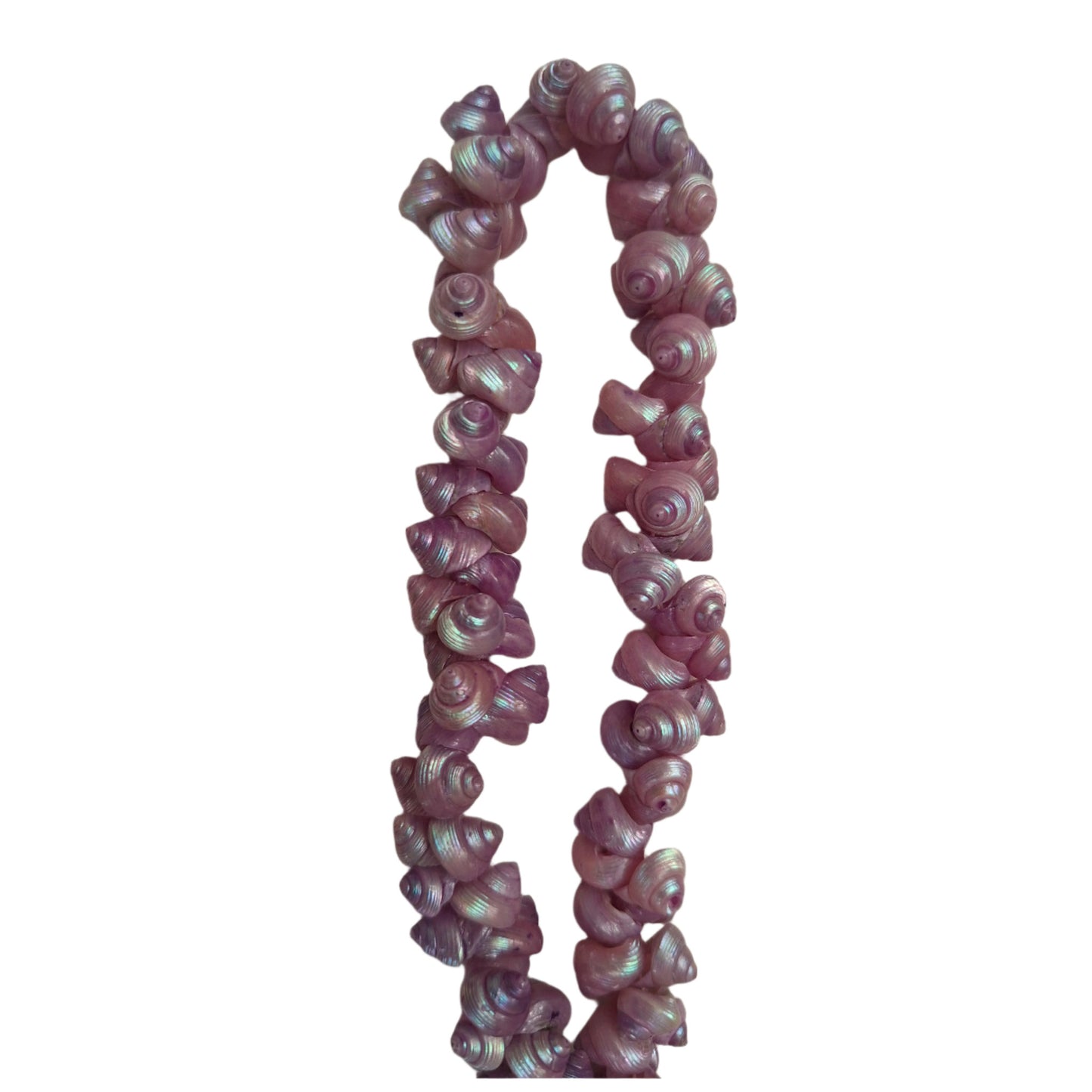 Lilac strung seashells with hand-punched holes and natural 1/4-inch shells shown on strand.