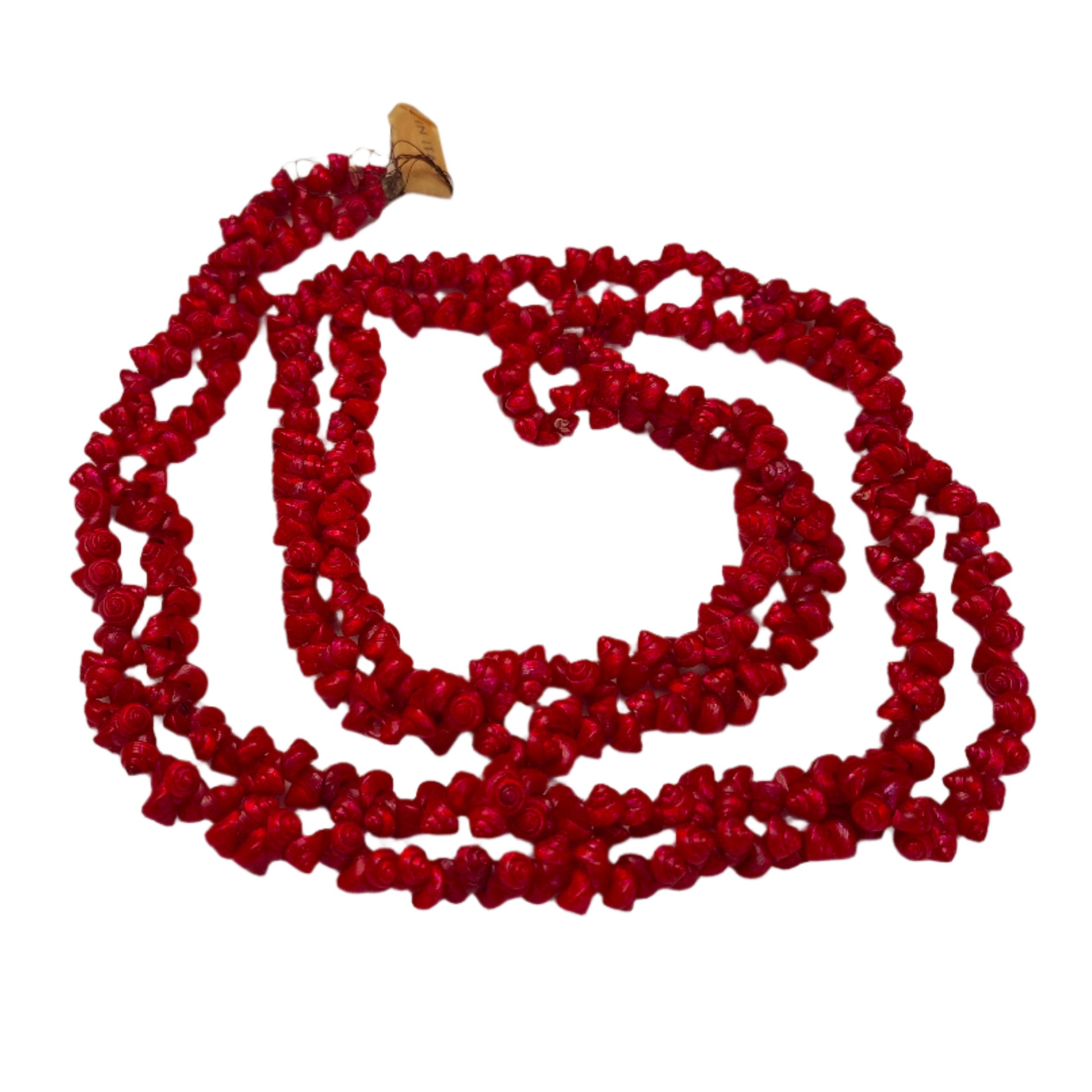 Red strung seashells with hand-punched holes and natural 1/4-inch shells shown on complete strand.