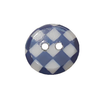 A blue and white checkerboard glass button with a two-hole fastening shown in a front view on a neutral background.