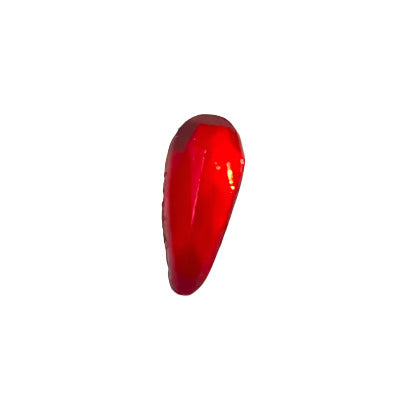Ruby mirrored glass teardrop cabochon, 3×8 mm, shown in angled close-up.