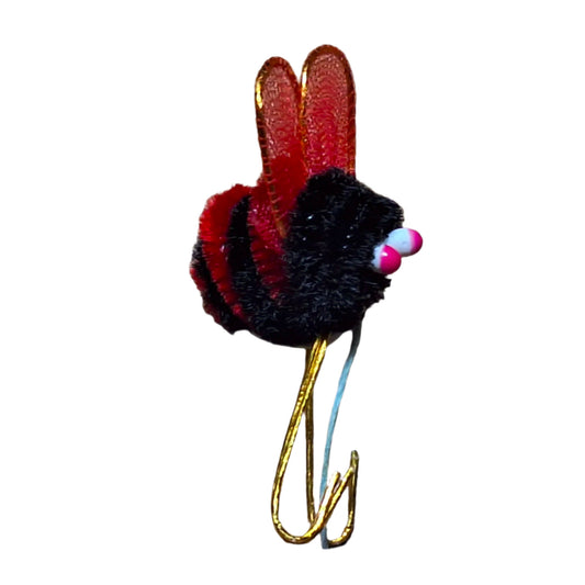 Red and black chenille bee on wire with nylon wings and pep eyes, 11×21 mm.