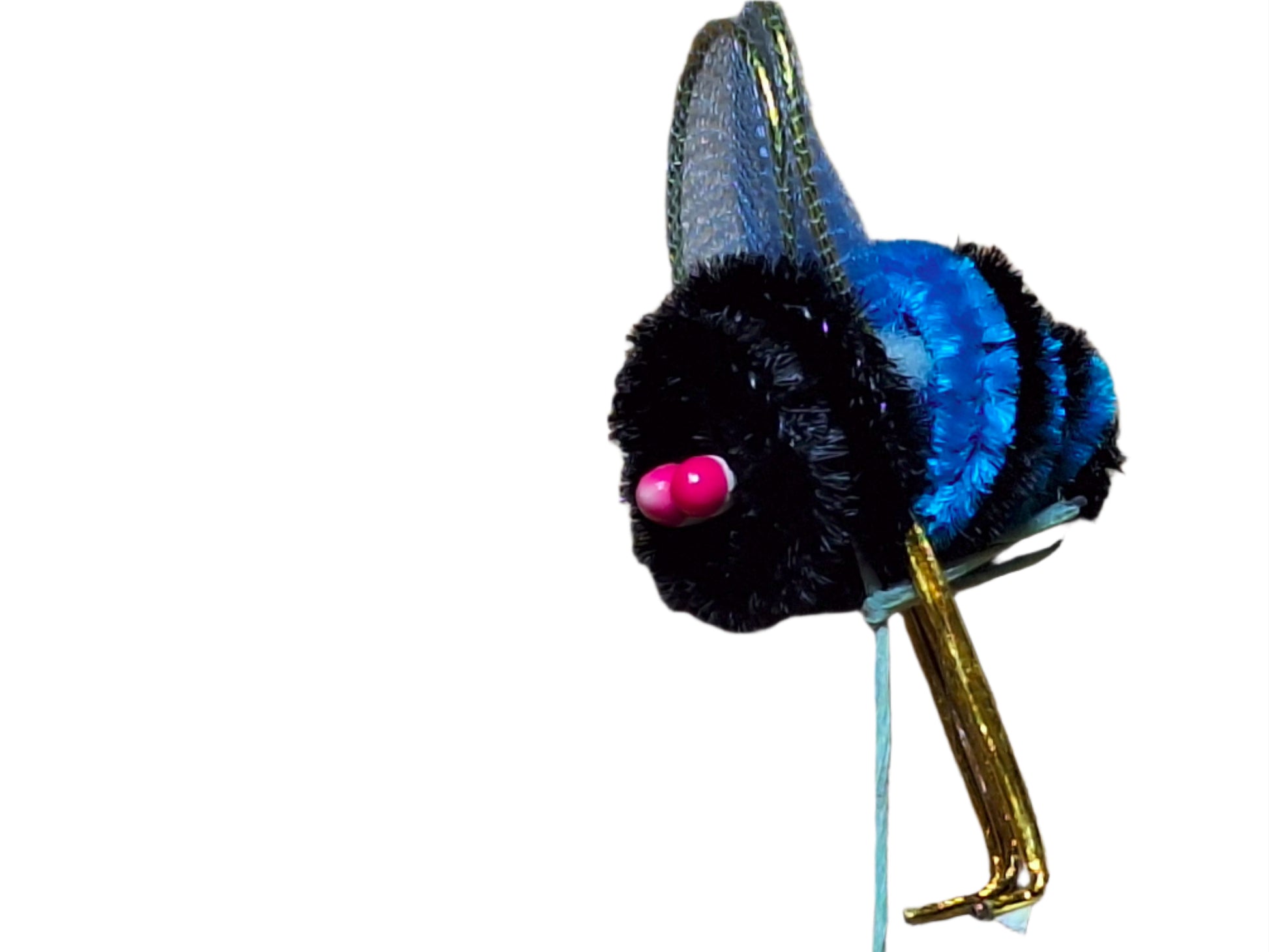 Blue and black chenille bee on wire with nylon wings and pep eyes, 11×21 mm.