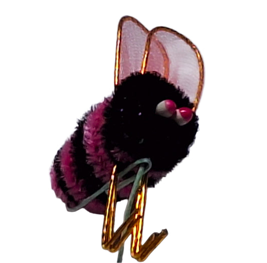 Pink and black chenille bee on wire with nylon wings and pep eyes, 11×21 mm.