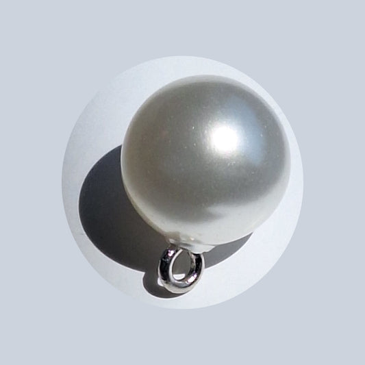 Pearlized full ball button with reflective finish and screw shank, shown in close-up for detail, 14mm.