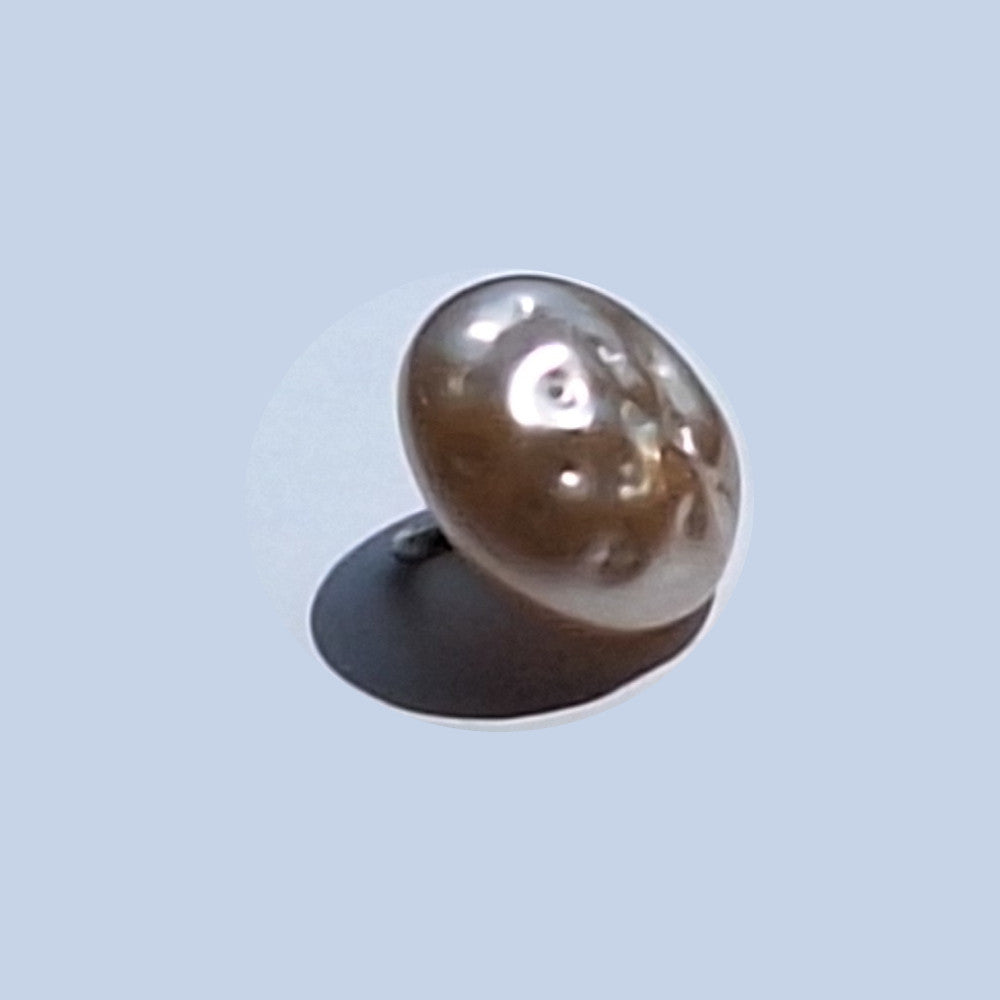 Pearlized plastic button with a round dimpled surface in 10mm size shown from front and angled views, featuring a shank attachment.