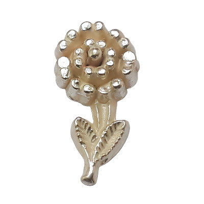 Silver metalized plastic flat back, left-facing chrysanthemum, 11×22mm, vintage Japanese 1960s.