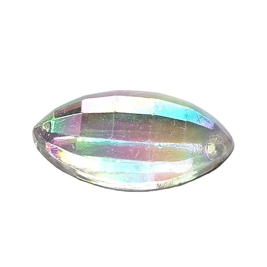 Crystal faceted plastic navette cabochon, 30x1 5 mm, with an iridescent finish.