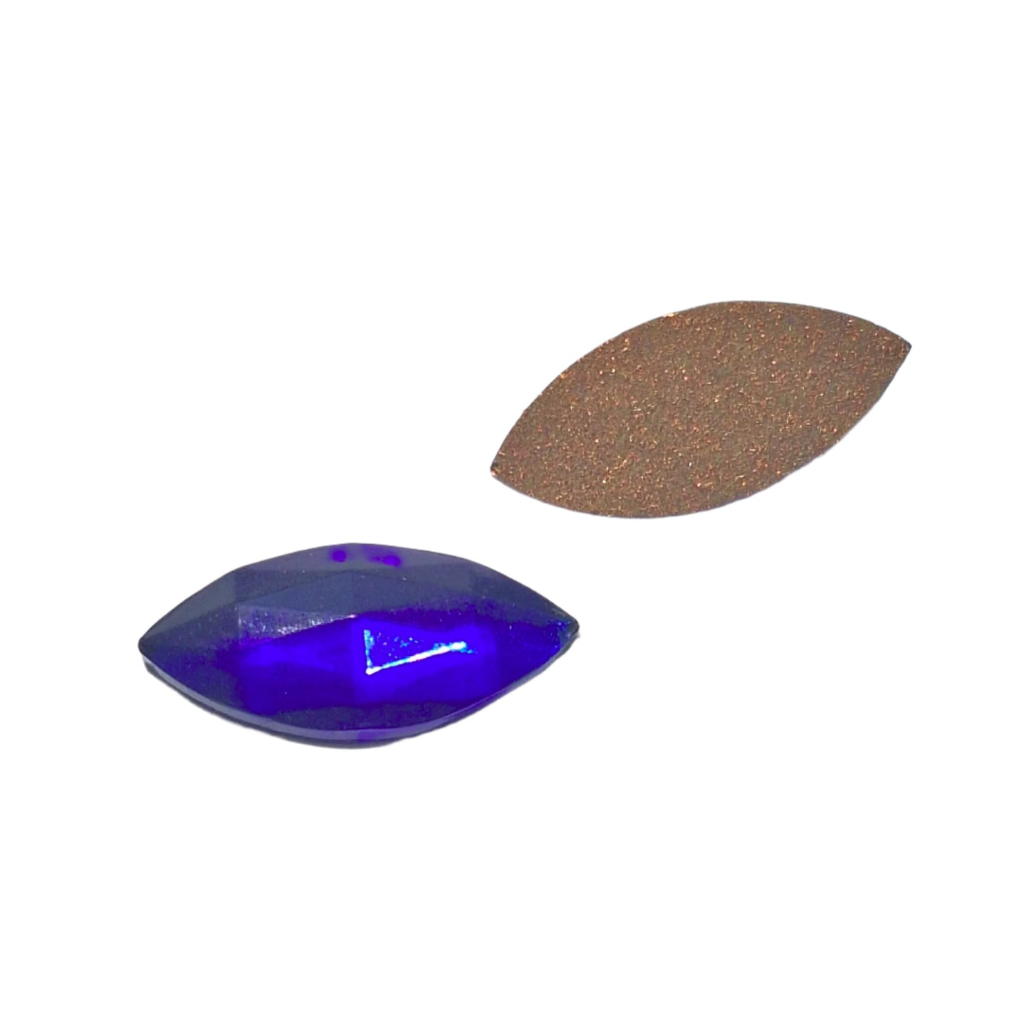 Sapphire faceted glass navette cabochon, 8×18 mm, with mirrored back, shown front and gold mirrored back.