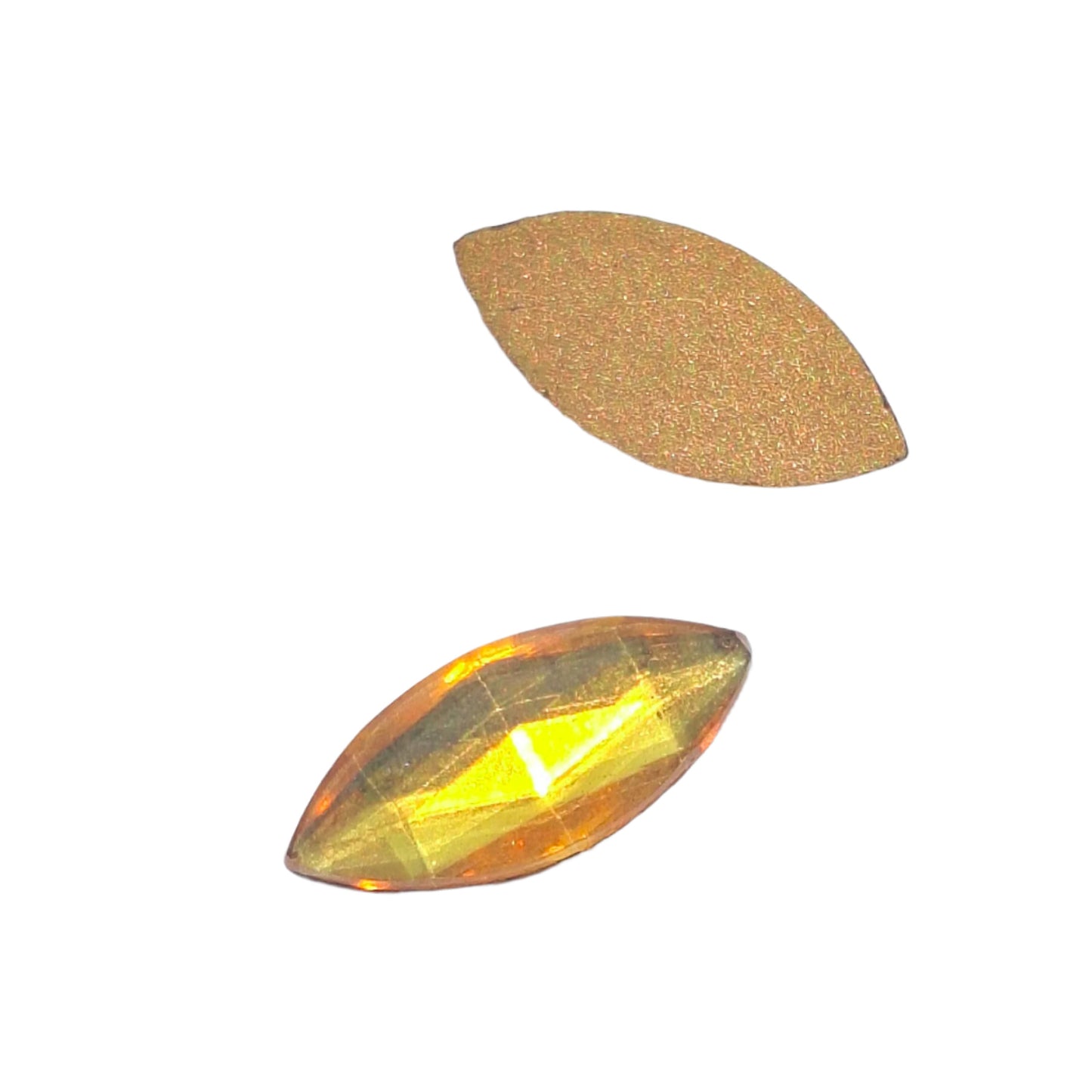 Topaz faceted glass navette cabochon, 8×18 mm, with mirrored back shown front and gold mirrored back.