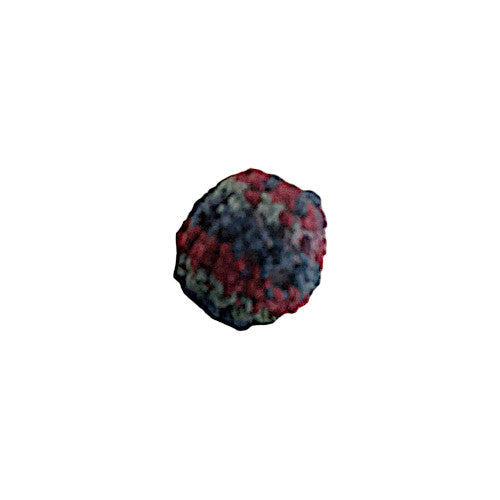 Multicolored crocheted ball button with soft yarn texture in red, blue, and green tones