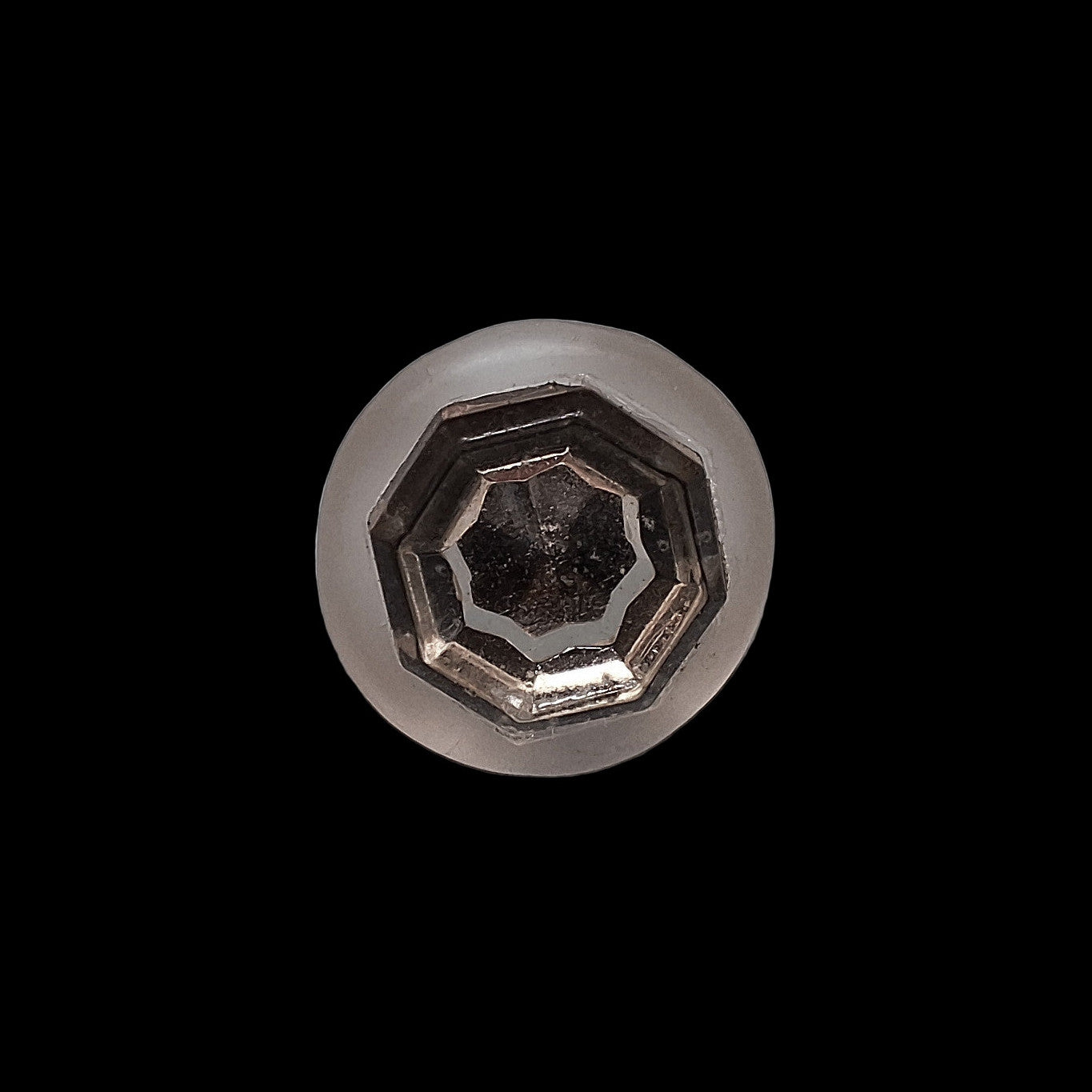 Mirrored glass button with raised hexagonal center inside frosted shell, 11.4mm