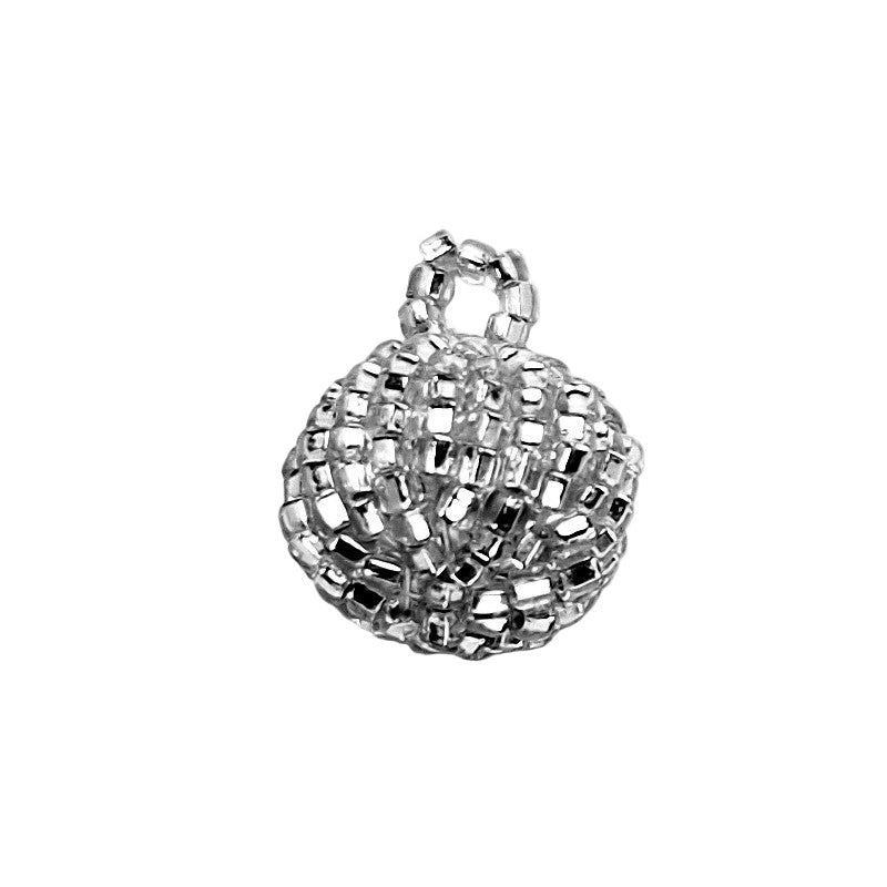 Silver glass-beaded ball with loop attachment, 14mm size, displayed to show bead pattern and loop structure.