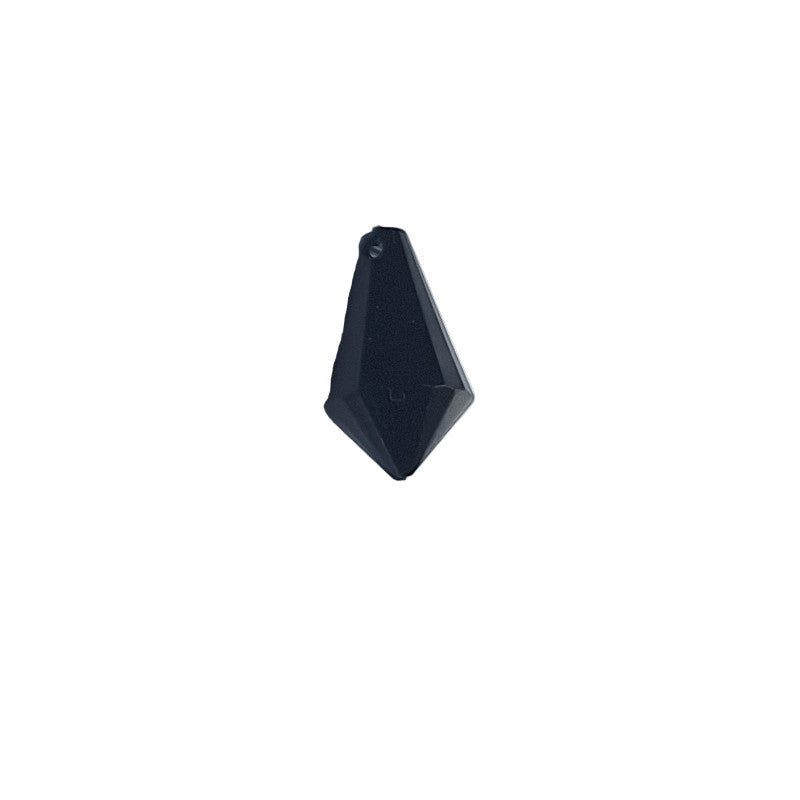 Faceted jet black plexiglass drop, 12×7 mm, with side-drilled hole shown in angled view.