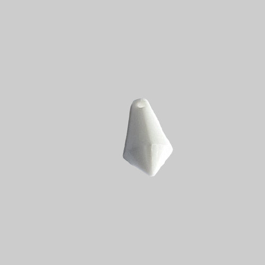 Faceted chalk white plexiglass drop, 12×7 mm, with side-drilled hole shown in angled view.